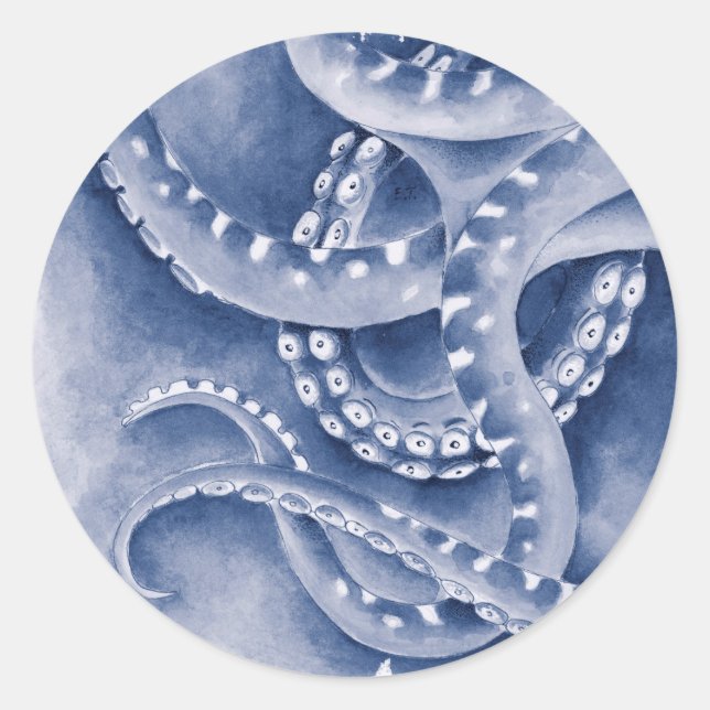 Blue Tentacles Monochrome Classic Round Sticker (Front)