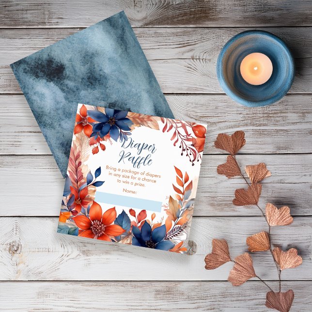 Blue Terracotta Fall Baby Shower Diaper Raffle Enclosure Card (Boho Blue and Terracotta Fall |  Autumn Floral "Oh Boy!" Baby Shower Diaper Raffle Insert Card)