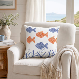Blue & Terracotta Fish Coastal Cushion