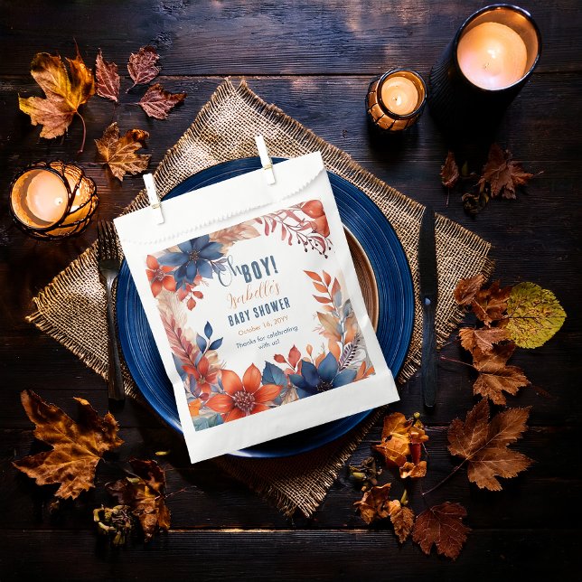 Blue | Terracotta Oh Boy Fall Floral Baby Shower Favour Bag (Boho Blue and Terracotta Fall |  Autumn Floral "Oh Boy!" Baby Shower Favor Bags)