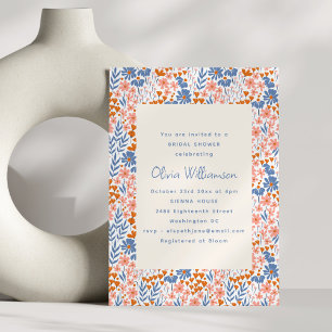 Blue Terracotta Orange Folk Floral Bridal Shower Invitation