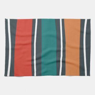 Blue terracotta red white retro waves tea towel