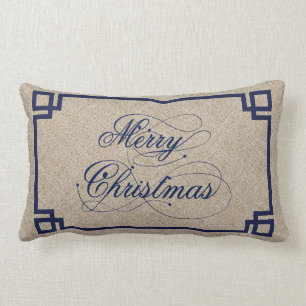 Blue Text & Beige Linen Marry Christmas Lumbar Cushion