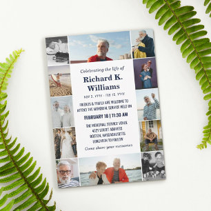 Blue Text Border of 12 Photos Celebrating the Life Invitation