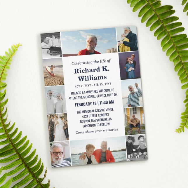 Blue Text Border of 12 Photos Celebrating the Life Invitation (Creator Uploaded)