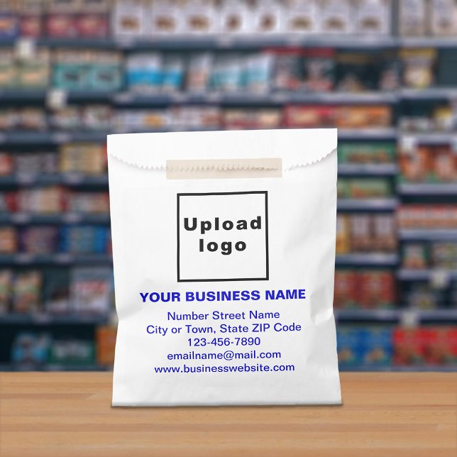Blue Text Business Brand on Paper Bag (Paper bag with blue text business branding displayed in a store)