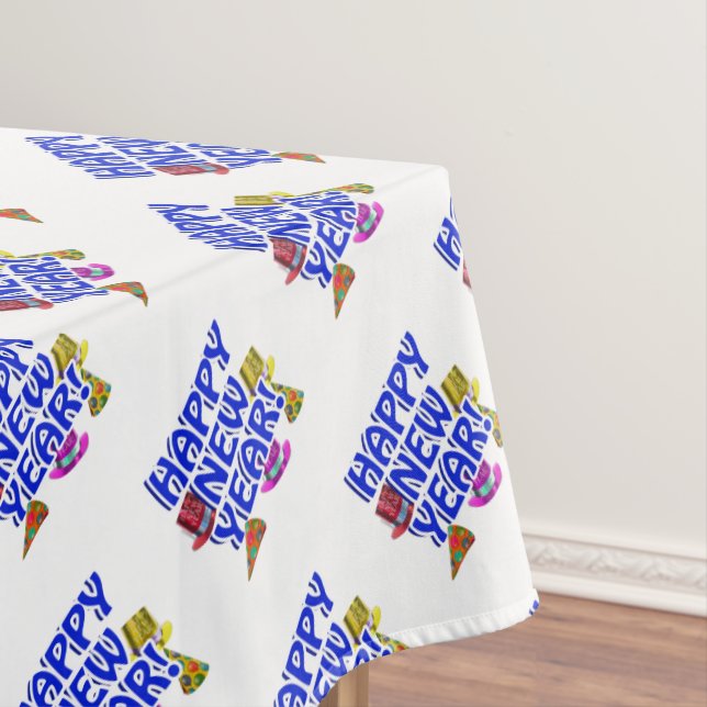 Blue Text Party Hats Happy New Year Tablecloth (In Situ)