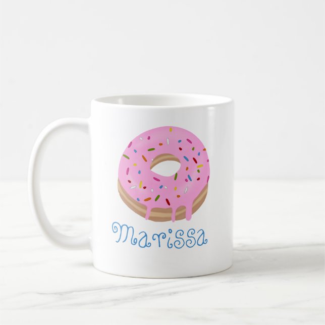 Blue Text Pink Sprinkled Doughnut and Name Coffee Mug (Left)