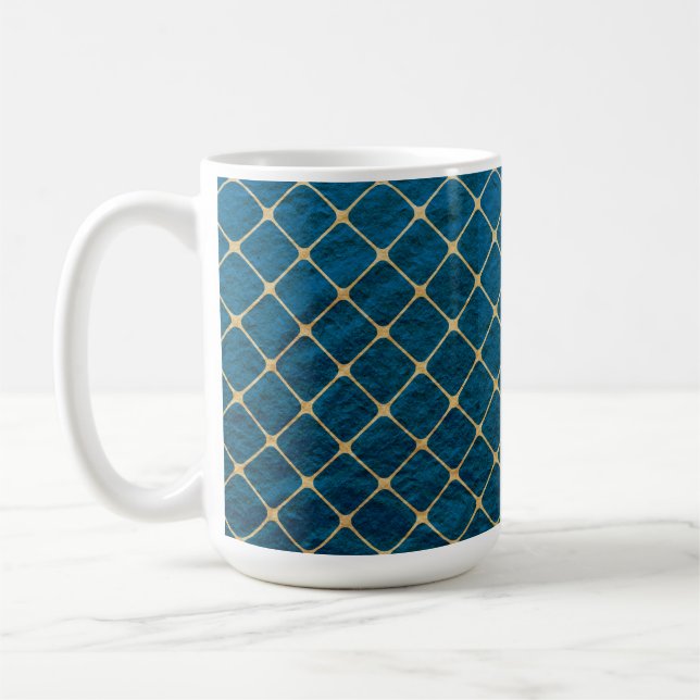 BLUE TEXTURE LOOK WITH GOLD DIAMOND PATTERN COFFEE MUG (Left)