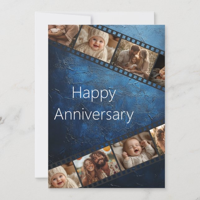 Blue Textured Film Strip Photo Anniversary Card (Front)
