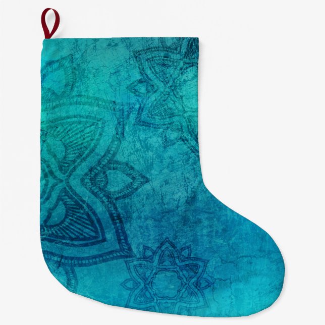 Blue Textured Lotus Large Christmas Stocking (Front)