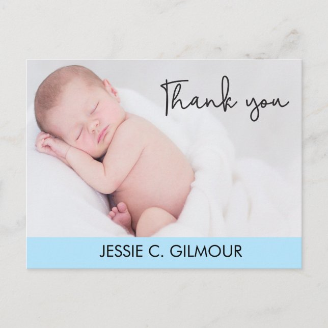 Blue Thank You Baby Birth Announcement Script text Postcard (Front)