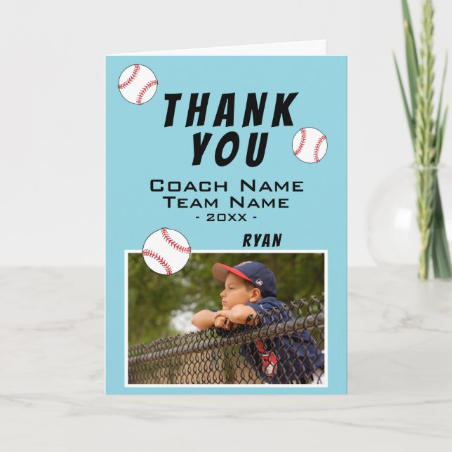 Blue Thank you Coach Baseball Ball Photo Card (Front)