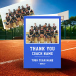 Blue Thank you Coach Card Team Name Photo<br><div class="desc">Blue Thank you Coach Card Team Name Photo. Personalise with your coach name,  team name and year. You can change any text on the card or erase it. A great card for a coach! Add a team photo and get the team to sign the non-designed areas of the card.</div>