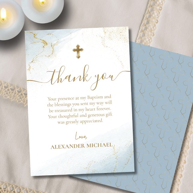 Blue Thank You Gold Cross Boy Baptism Card (Creator Uploaded)