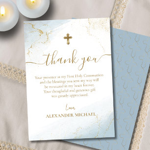 Blue Thank You Gold Cross Boy First Holy Communion Card
