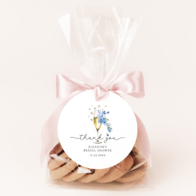 Blue Thank You Pearls & Prosecco Bridal Shower Classic Round Sticker (Creator Uploaded)