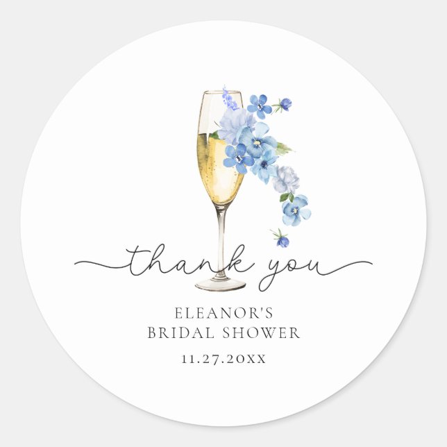 Blue Thank You Petals & Prosecco Bridal Shower Classic Round Sticker (Front)