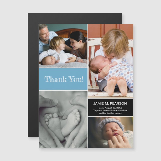 Blue Thank You Welcoming 2nd Baby Photo Collage Magnetic Invitation (Front/Back)