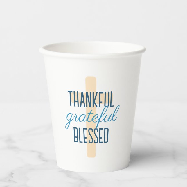 Blue Thankful Grateful Blessed Paper Cups (Front)