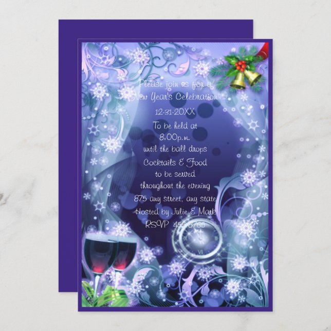 Blue The Clock Strikes 12 New Year's Party Invitation (Front/Back)