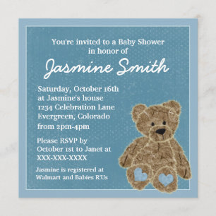 Blue theme teddy bear baby shower invitations