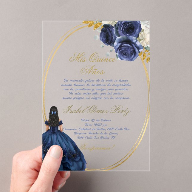 Blue themed acrylic quinceañera invitation  (Insitu (Handheld))
