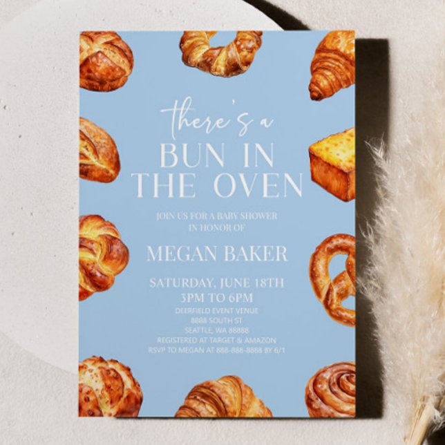 Blue There's A Bun In The Oven Bread Baby Shower Invitation (Creator Uploaded)