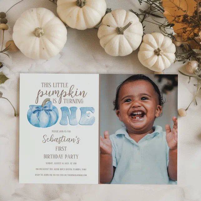 Blue This Little Pumpkin Photo 1st Birthday Party Invitation | Zazzle