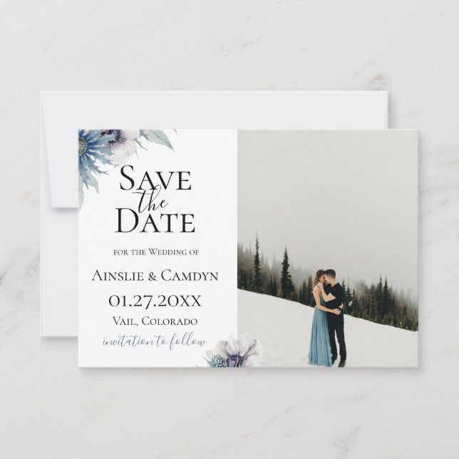 Blue Thistle Anemone Photo Save The Date Announcement (Front)