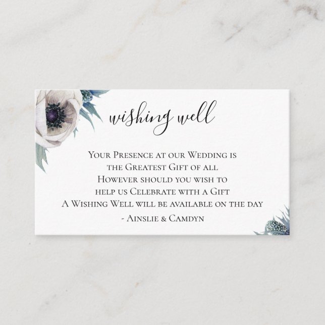 Blue Thistle Anemone Wedding Wishing Well Enclosure Card (Front)