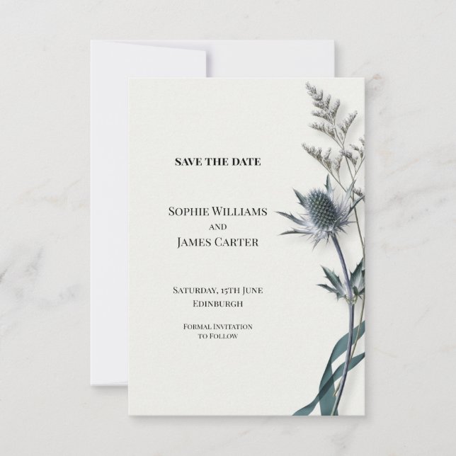Blue Thistle Botanical Wedding Save the Date (Front)