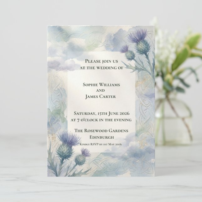 Blue Thistle Celtic Knot Scottish Wedding | Herita Invitation (Standing Front)