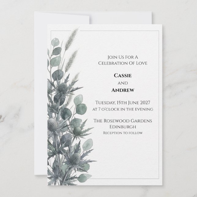 Blue Thistle Eucalyptus Wedding Invitation (Front)