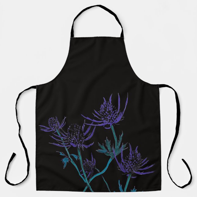 Blue thistle on black apron (Front)