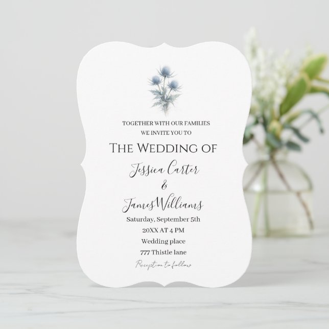 Blue Thistle Scottish Scotland Simple Wedding Invitation (Standing Front)