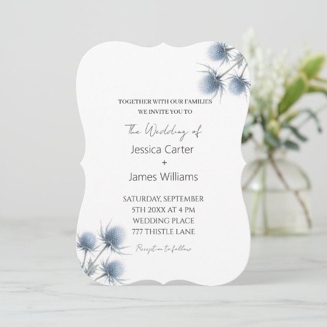 Blue Thistle Scottish Scotland Simple Wedding Invitation (Standing Front)
