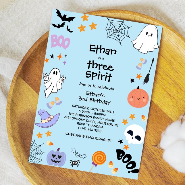 Blue Three Spirit Ghost Halloween 3rd Birthday  Invitation (Blue Three Spirit Cute Ghost Boy Halloween 3rd Birthday Invitation )
