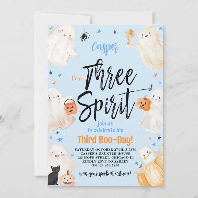 Blue Three Spirit Halloween Third Birthday Party   Invitation (Front)