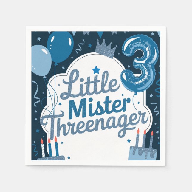 Blue Threenager Napkins for Boy's Birthday Party (Front)