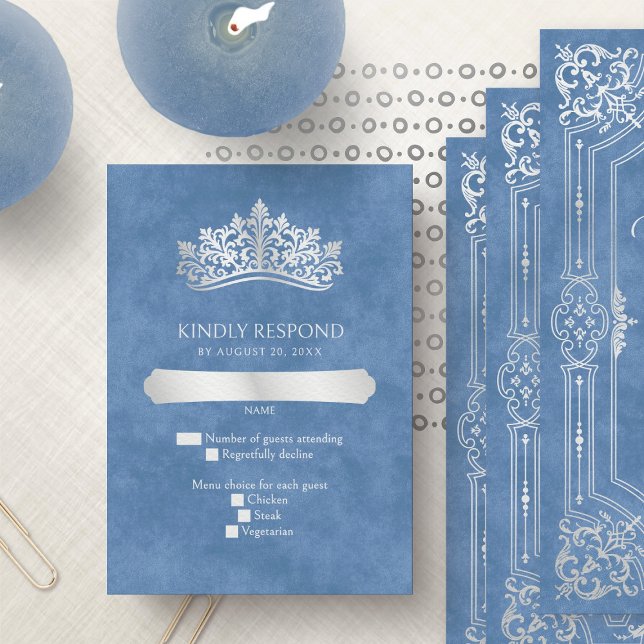 Blue Tiara Crown Elegant Quinceanera RSVP Card (Creator Uploaded)