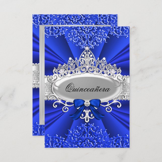 Blue Tiara & Damask Quinceanera Invite (Front/Back)