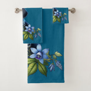 Blue Tick Hound Puppy with Delicate Blue Flowers Bath Towel Set