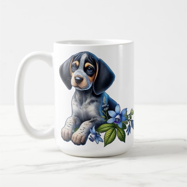 Blue Tick Hound Puppy with Delicate Blue Flowers Coffee Mug (Left)