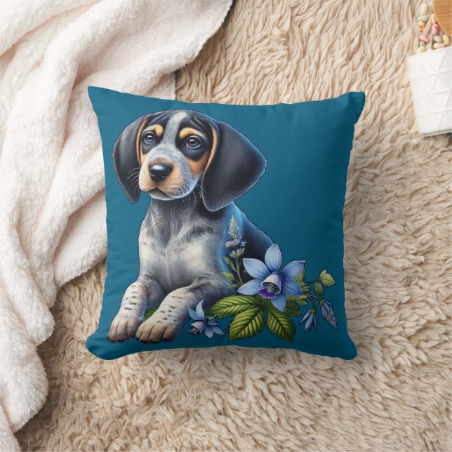 Blue Tick Hound Puppy with Delicate Blue Flowers Cushion (Blanket)