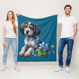 Blue Tick Hound Puppy with Delicate Blue Flowers Fleece Blanket