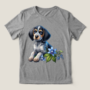 Blue Tick Hound Puppy with Delicate Blue Flowers Tri-Blend Shirt
