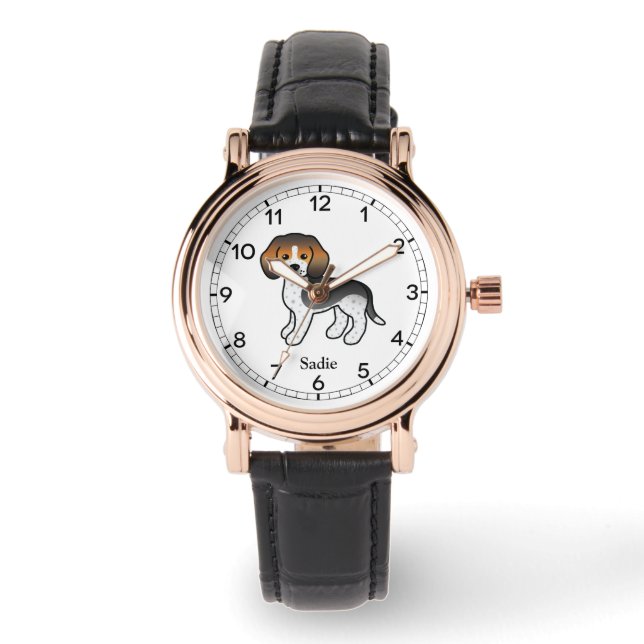 Blue Ticked Beagle Cute Cartoon Dog & Custom Name Watch (Front)