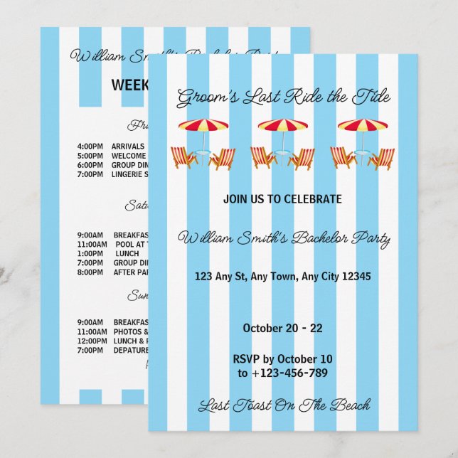 Blue Tide Beach Bachelor Party Invitation (Front/Back)