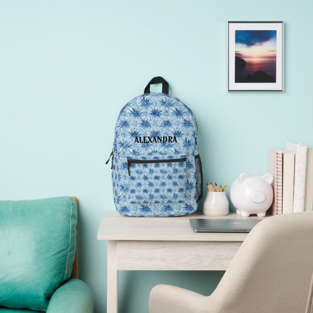 Blue Tie dye flower pattern Custom Name Printed Backpack (Insitu)